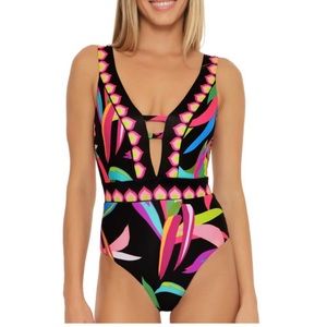 TRINA TURK Birds of Paradise Maillot V Plunge Neck One-Piece Swimsuit Size 14
